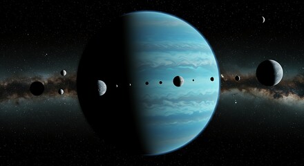 Wall Mural - a gas giant planet surrounded by thick, colorful clouds and multiple orbiting moons
