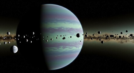 Wall Mural - a gas giant planet surrounded by thick, colorful clouds and multiple orbiting moons