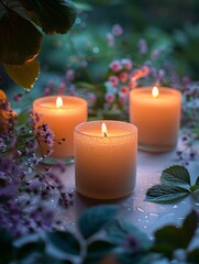 Wall Mural - Lit candles on a marble surface with a soft-focus background of green foliage and flowers.