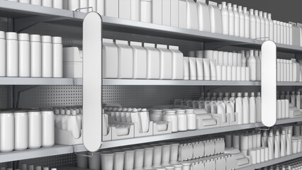 Close-up of supermarket shelves with blank dairy products and shelf stoppers. 3d illustration isolated on grey