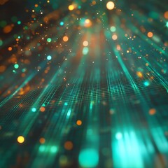 Poster - Vibrant Light Display With Teal and Orange Particles Creating an Abstract Digital Atmosphere in a Dark Background