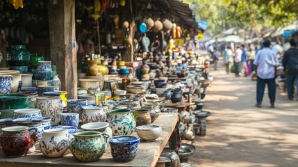 Poster - A vibrant pottery market with pottery wheels and handmade ceramics on display, Potters demonstrating their craft amidst lively shoppers, Documentary photography style