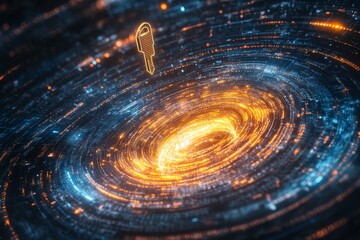 Fototapete - Cosmic Swirl of Colors With a Glowing Key Symbolizing Access to the Digital Universe, Representing the Fusion of Technology and Astronomy