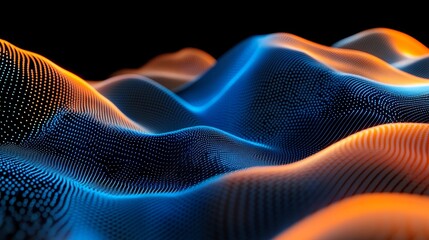 Poster - Dynamic Abstract Waves of Blue and Orange Light Creating a Colorful Landscape With a Smooth Texture on a Black Background