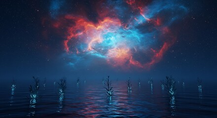 Wall Mural - a tranquil alien ocean reflecting the light of a massive, colorful nebula above.