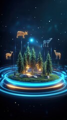 Wall Mural - Digital forest with glowing trees and abstract cybernetic animals