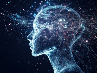 Fototapete - Digital Representation of a Human Head Surrounded by Glowing Connections and Galaxies Suggests Artificial Intelligence and Technology Integration