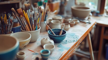 Leinwandbilder - A vibrant pottery workshop in a bustling art studio, Pottery tools and clay arranged for crafting, Artisanal craft style