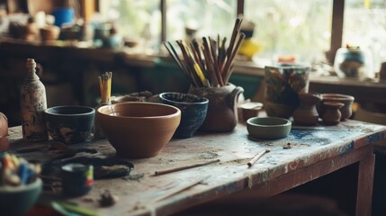 Leinwandbilder - A vibrant pottery workshop in a bustling art studio, Pottery tools and clay arranged for crafting, Artisanal craft style
