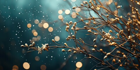 Wall Mural - Festive Gold Branches Sparkling Lights Winter Wonderland