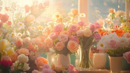 Poster - Bouquets of roses, tulips, and daisies arranged beautifully in a bright floral display during springtime. Generative AI