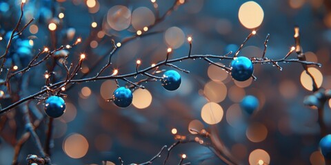 Wall Mural - Festive Blue Ornaments on Winter Branches with Lights