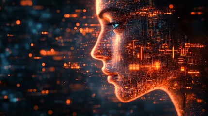 Poster - Digital Portrait of a Futuristic Woman With Glowing Data Patterns in a Technological Landscape at Night