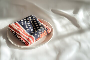 Poster - traditional american flag folded neatly on clean white ceramic plate under soft natural light