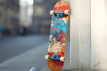 Poster - vibrant skateboard with bold graphic designs leaning against wall under bright directional light