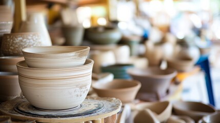 Leinwandbilder - A vibrant pottery workshop in a bustling ceramics studio, Pottery wheels and clay arranged for artistic molding, Artisanal craft style