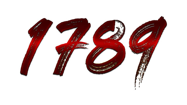 3D blood red number design of 1789 on white background.	