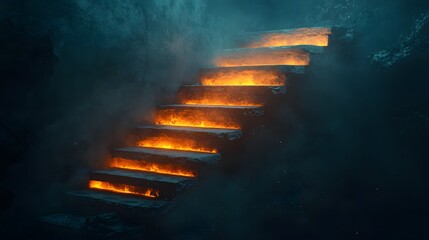 Poster - Surreal and Dramatic Image of Glowing Lava Steps Leading Upwards in a Dark, Mysterious Environment Evoking Feelings of Danger and Adventure