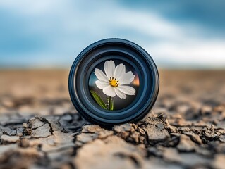 Poster - A Creative Photography Composition Featuring a Close-Up View of a White Flower Seen Through a Camera Lens on a Cracked Earth Background Under a Beautiful Sky
