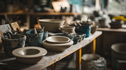 Leinwandbilder - A vibrant pottery workshop in a bustling ceramics studio, Pottery wheels and clay arranged for artistic molding, Artisanal craft style