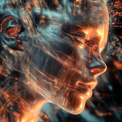 Poster - Portrait of a Futuristic Humanoid Figure Showcasing Intricate Circuit Patterns Against a Vibrant Digital Backdrop