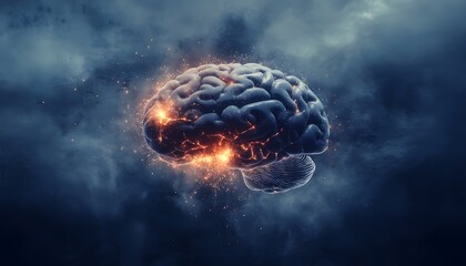 Aufkleber - Digital Artwork of a Human Brain Surrounded by Sparks and Swirling Clouds Depicting Innovation, Creativity, and Cognitive Power in a Visually Striking Composition