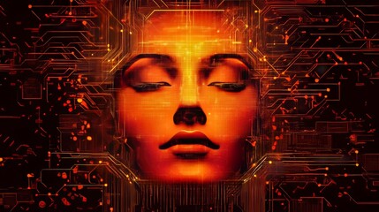 Poster - Digital Portrait of a Woman With Glowing Circuits, Representing Technology and Human Connection in a Futuristic Concept