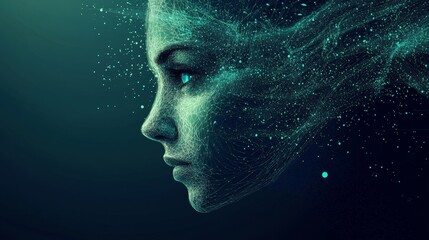 Poster - Exploring the Fusion of Technology and Humanity Through a Digital Portrait Showcasing a Woman's Profile Made of Glowing Particles in a Dark Background