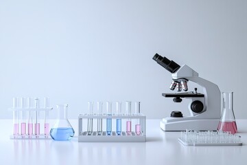 Aufkleber - minimalistic photo of laboratory equipment such as test tubes beakers and microscope on clean white table