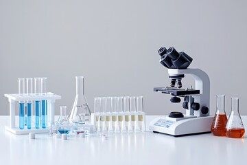 Poster - minimalistic photo of laboratory equipment such as test tubes beakers and microscope on clean white table