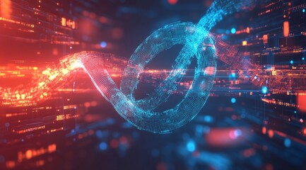 Aufkleber - Digital Abstract Visualization of Intertwined Data Streams in Blue and Red, Showcasing Cutting-Edge Technology and Connectivity in a Futuristic Landscape