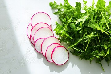 Poster - creative arrangement of sliced radishes and arugula placed on clean white surface under soft natural light