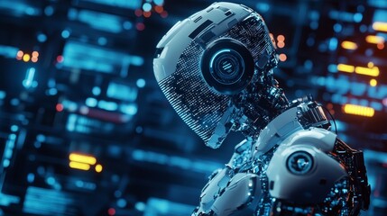 Poster - Futuristic Humanoid Robot With Digital Features Standing Against a Backdrop of Bright, Illuminated Technology Elements