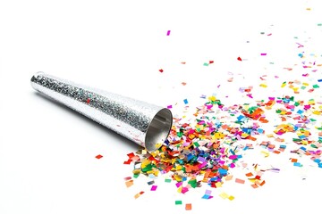 Poster - single sparkling silver party popper with colorful confetti spilling out isolated on white backdrop