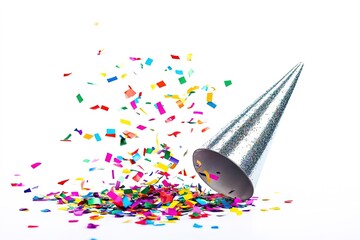 Poster - single sparkling silver party popper with colorful confetti spilling out isolated on white backdrop