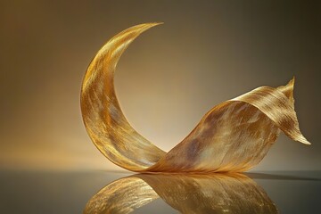 Poster - abstract wave of flowing golden ribbons forming elegant crescent moon on reflective matte surface
