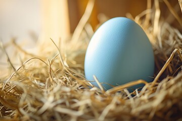 Poster - close-up of pastel blue easter egg resting in nest of hay under soft natural light