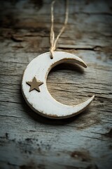 Poster - crescent moon and star ornament displayed on textured wooden surface with soft natural light