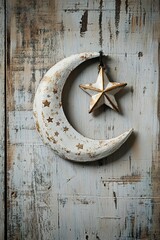 Poster - crescent moon and star ornament displayed on textured wooden surface with soft natural light