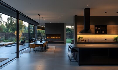 Poster - Open Plan Living with Matte Black Kitchen, Dining Area, and a Sleek Fireplace