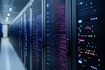 Aufkleber - Data Center Filled With Server Racks Emitting Colorful Lights During Evening Hours