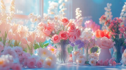 Aufkleber - Brightly colored bouquets of roses, tulips, and daisies arranged in vases on a table in a sunlit room. Generative AI