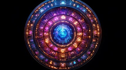 Poster - Colorful Circular Light Display Featuring Intricate Patterns With Vibrant Hues and a Central Glow, Creating a Mesmerizing Visual Effect in a Dark Setting