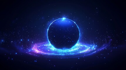 Poster - Cosmic Blue Sphere Surrounded by Swirling Stars at the Center of a Dark Universe With a Glowing Halo
