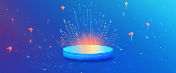 Poster - Dynamic Explosion of Colorful Light Over a Circular Platform in an Abstract Digital Environment at Night