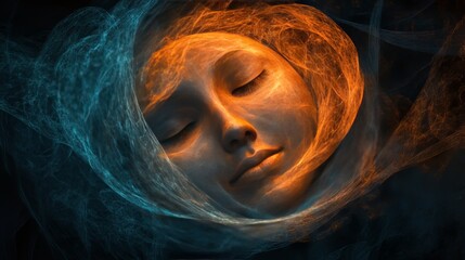 Poster - Intricate Swirling Patterns Create a Serene Face With an Ethereal Quality, Showcasing a Blend of Warm and Cool Colors in a Peaceful Expression