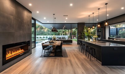 Poster - Matte Black Kitchen and Dining Area with a Fire Feature and Open Plan Elegance