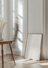 Poster - Elegant Interior With Minimalist Design Showcases a Framed Mirror and a Ghostly Figure in Soft Sunlight During a Quiet Afternoon