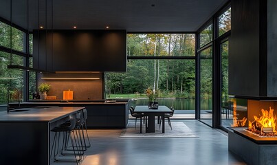 Poster - Matte Black Kitchen and Dining Space with a Stylish Fireplace in an Open Plan Layout
