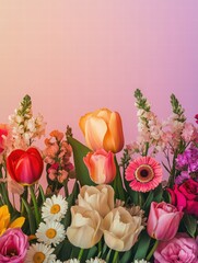 Poster - Colorful bouquets of roses, tulips, and daisies arranged beautifully against a soft pastel background. Generative AI